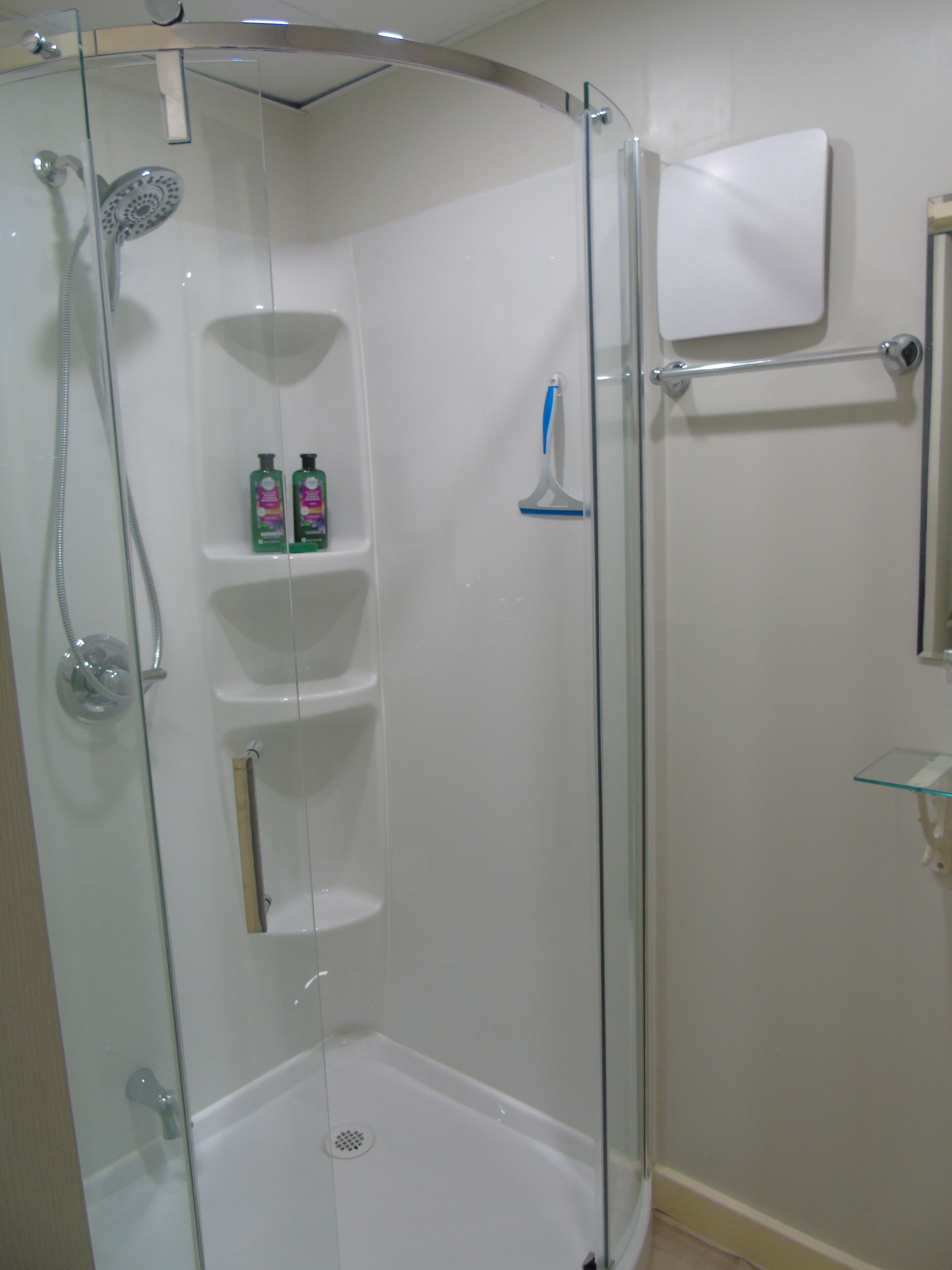 Shower, towels, soap, toilet paper