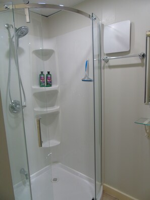 Shower, towels, soap, toilet paper