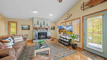 Smart TV, fireplace, foosball