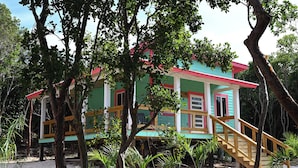 Una casa colorata con una scala in legno che conduce a un portico, circondata da alberi e piante.