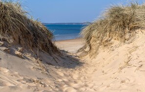 Une plage de sable avec des dunes et une vue dégagée sur l’océan.