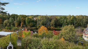 A riverside view with a house, a dock, and dense forest.