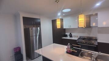 Fridge, microwave, oven, stovetop
