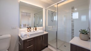 Ein modernes Badezimmer mit einer gläsernen Duschkabine, einem weißen Waschbecken mit zwei Seifenflaschen und einem Topf mit einer Pflanze auf der Ablagefläche.