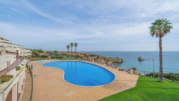 A resort with a large swimming pool, a view of the sea, and a palm tree.