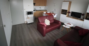 A compact living space with a kitchenette, a dining area, and a seating area with two sofas.