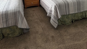 A bedroom with two single beds, a wooden headboard, a nightstand with a lamp, and a ceiling fan.