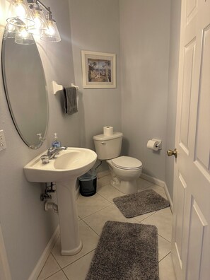 Hair dryer, towels, soap, toilet paper