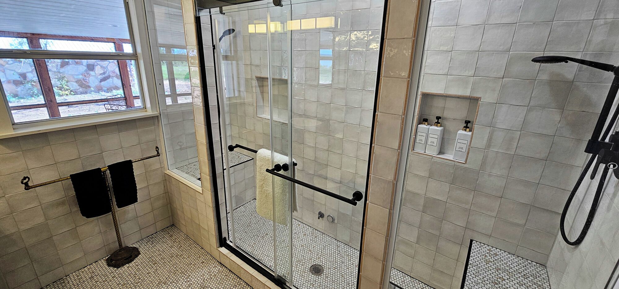 Shower, towels, soap, toilet paper