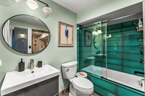 Hair dryer, towels, soap, shampoo
