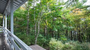 A wooden deck with a white railing overlooking a dense forest. - rinne 2nd living Nasu Forest (Nasu)