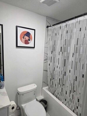 Hair dryer, towels, soap, toilet paper