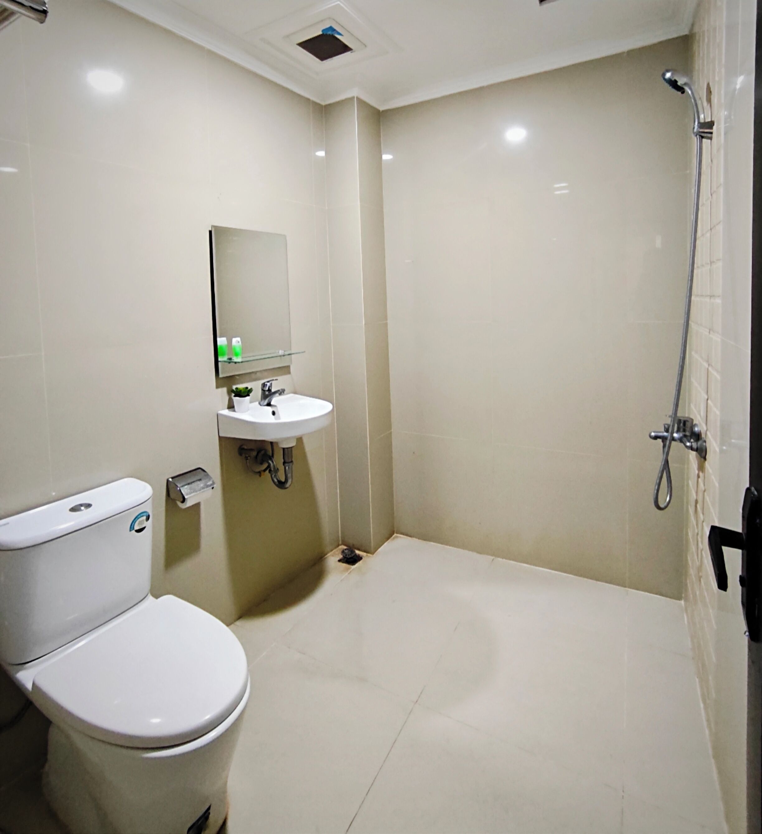 A bathroom with a toilet, sink, mirror, and shower.