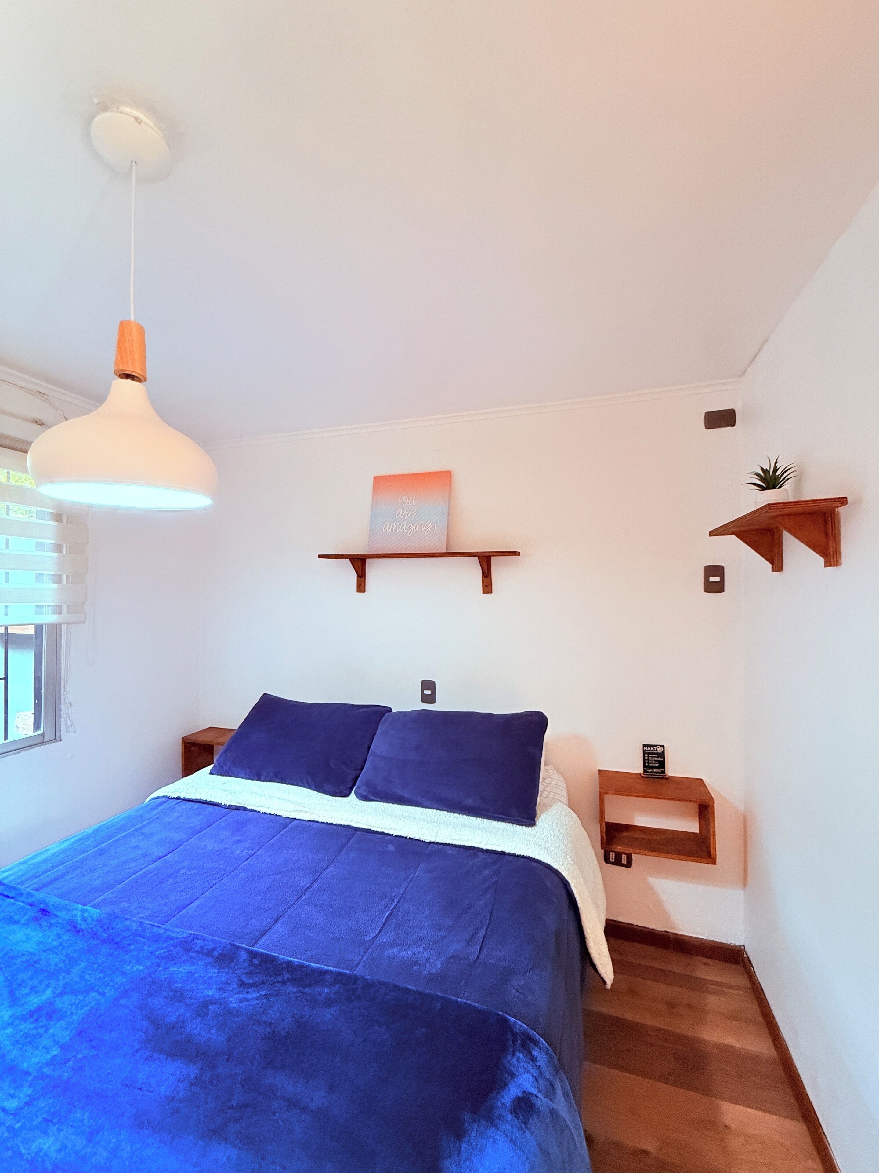 A bedroom with a bed, bedside tables, a hanging light fixture, a shelf with a motivational quote, and a small plant.