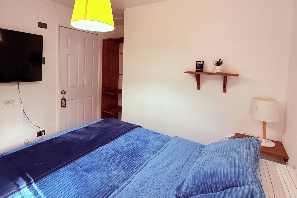Une chambre à coucher avec un lit, un téléviseur fixé au mur, une porte et une étagère sur laquelle se trouve une plante.