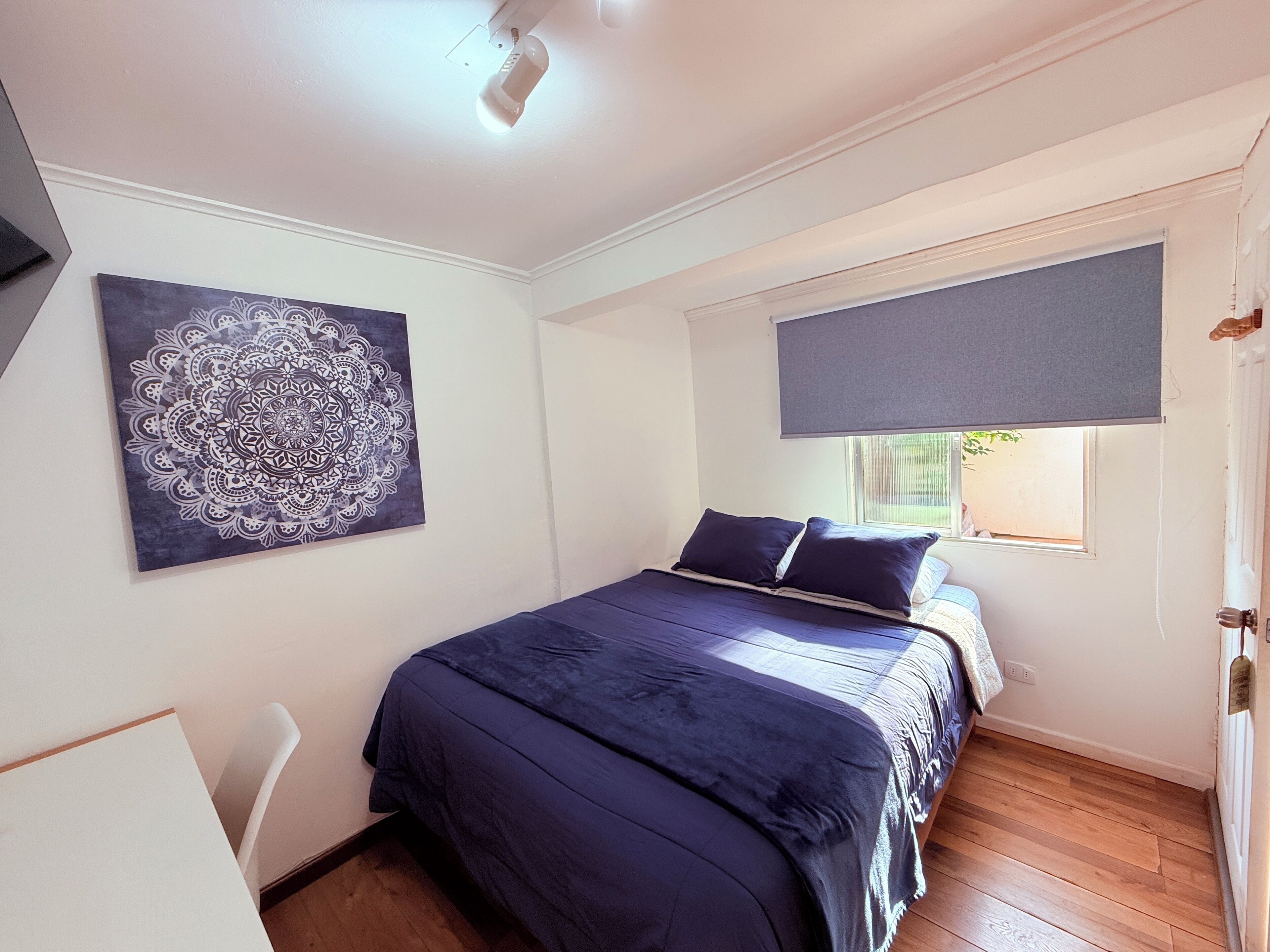 Un dormitorio con una cama, una lámpara en el techo, una ventana con persiana y una obra de arte colgada en la pared.