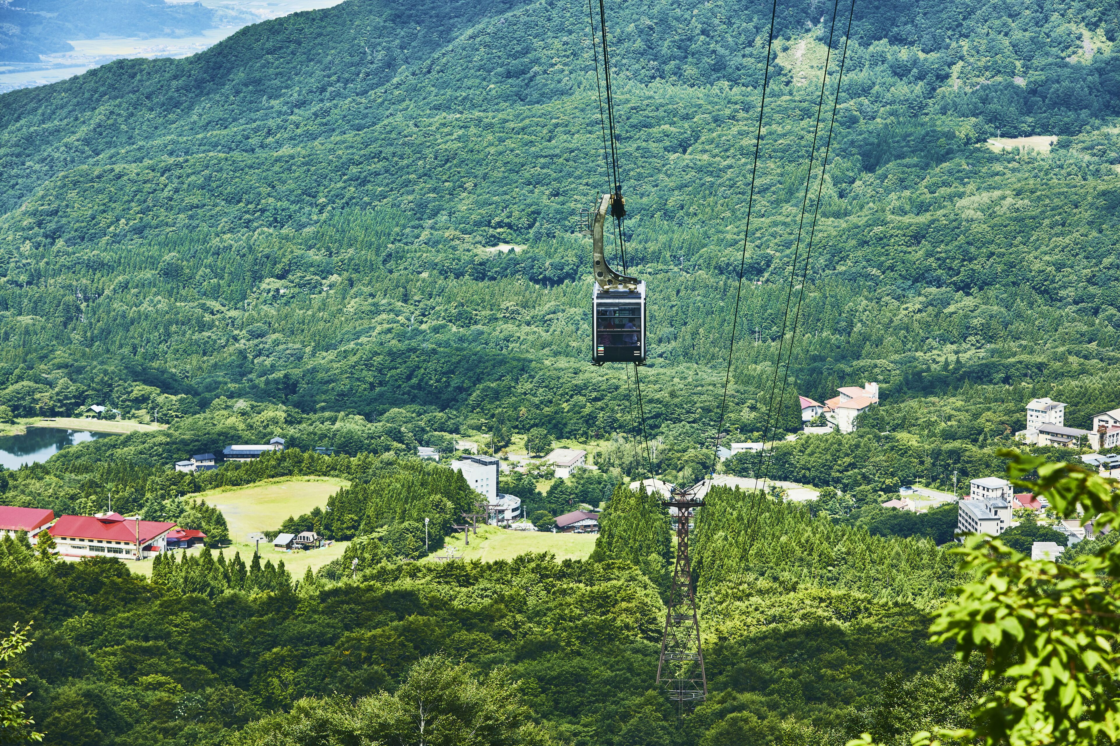 A cable car system in a mountainous area with buildings and greenery.