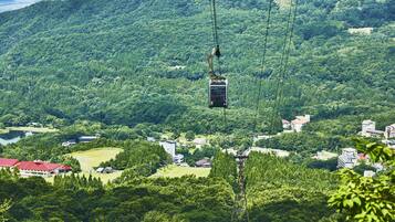 A cable car system in a mountainous area with buildings and greenery.