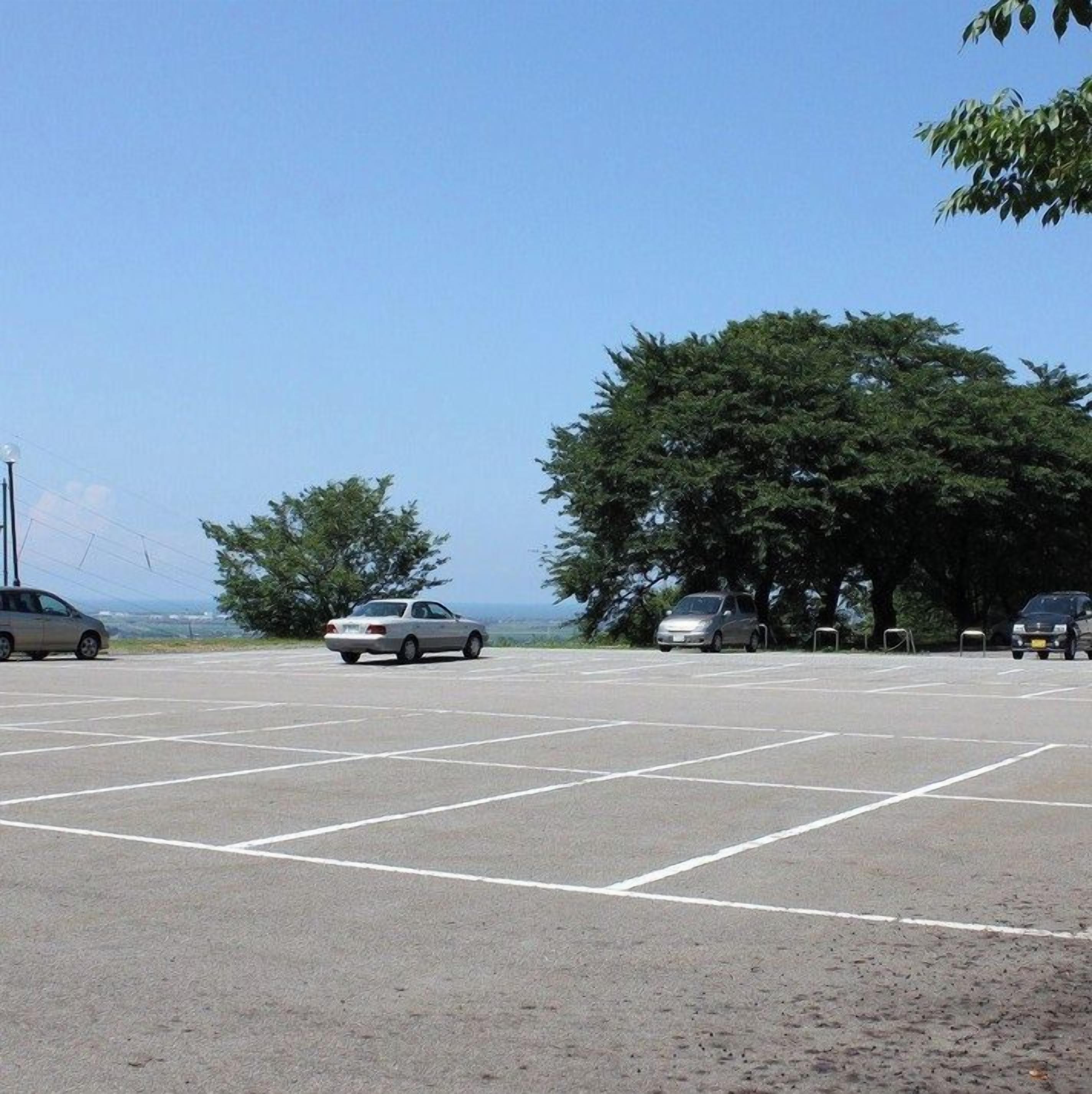 Un estacionamiento con varios coches, árboles y cielo despejado.