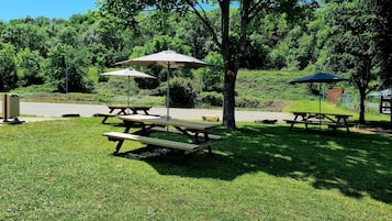 A picnic area with multiple picnic tables and umbrellas, surrounded by lush greenery and trees.