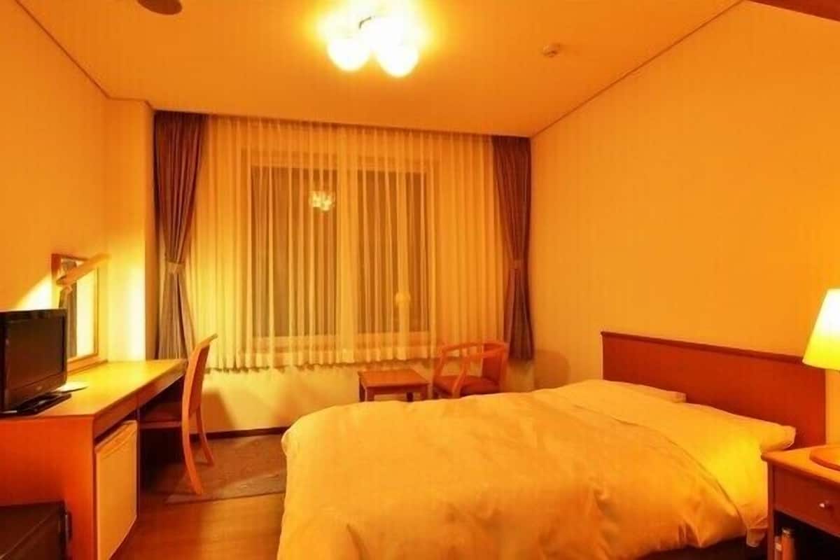 A hotel room with a bed, a desk with a television, a chair, and a window with curtains.