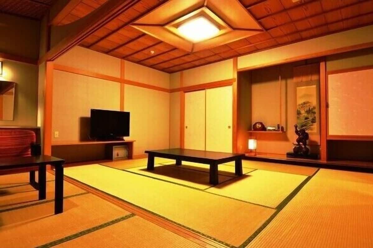 A traditional Japanese room with tatami flooring, a television, a low table, and sliding doors.