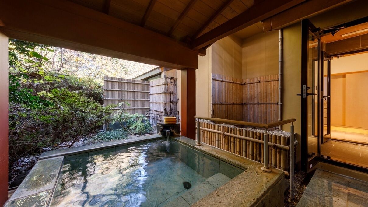 A traditional Japanese-style room with tatami flooring, a small indoor garden, and a wooden door.
