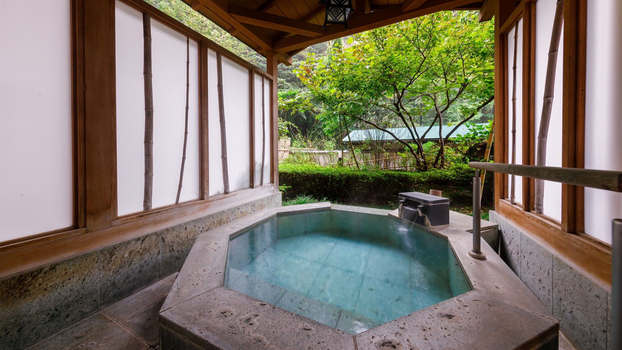 A hot spring area with a stone pool, wooden beams, and a view of greenery.