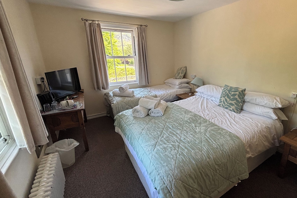 A hotel room with two beds, a TV, a desk with a lamp, and a window with curtains.
