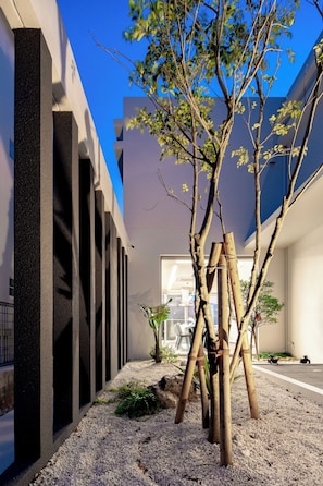 A modern building with a narrow pathway lined with trees and gravel.