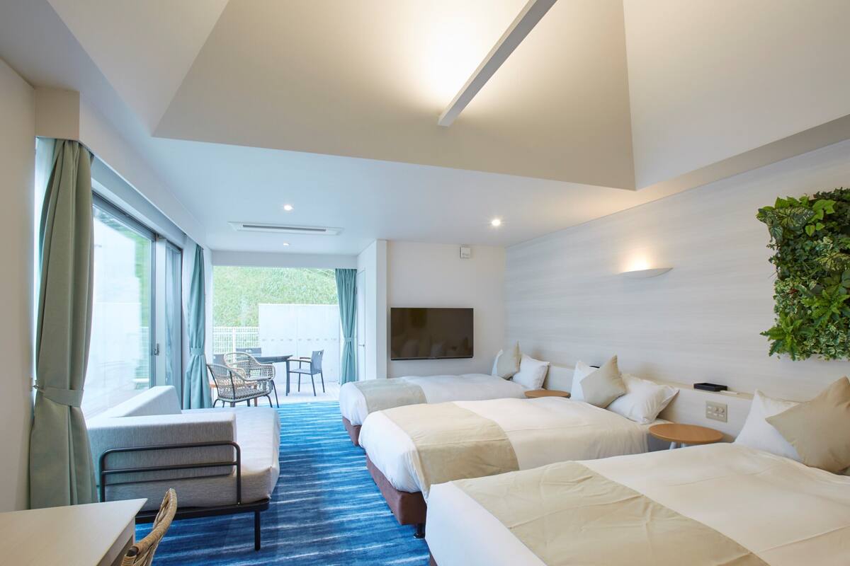 Une chambre d’hôtel avec deux lits, une télévision, une plante fixée au mur et une vue sur l’extérieur.
