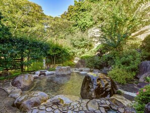 Un jardín natural con un estanque, rocas y árboles.