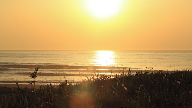 A sunset over the ocean with waves and grass in the foreground. - Kohanso (Isumi)