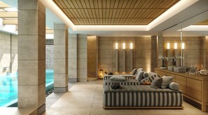 A modern spa room with a pool, a sofa, and a wooden ceiling. - Electra Kefalonia Hotel and Spa (Kefalonia)