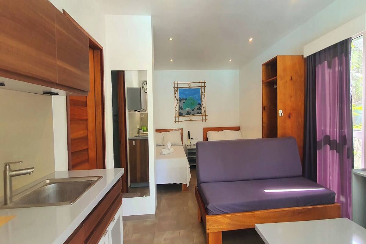 Une pièce compacte comprenant un coin cuisine, un lit et un espace salon.
