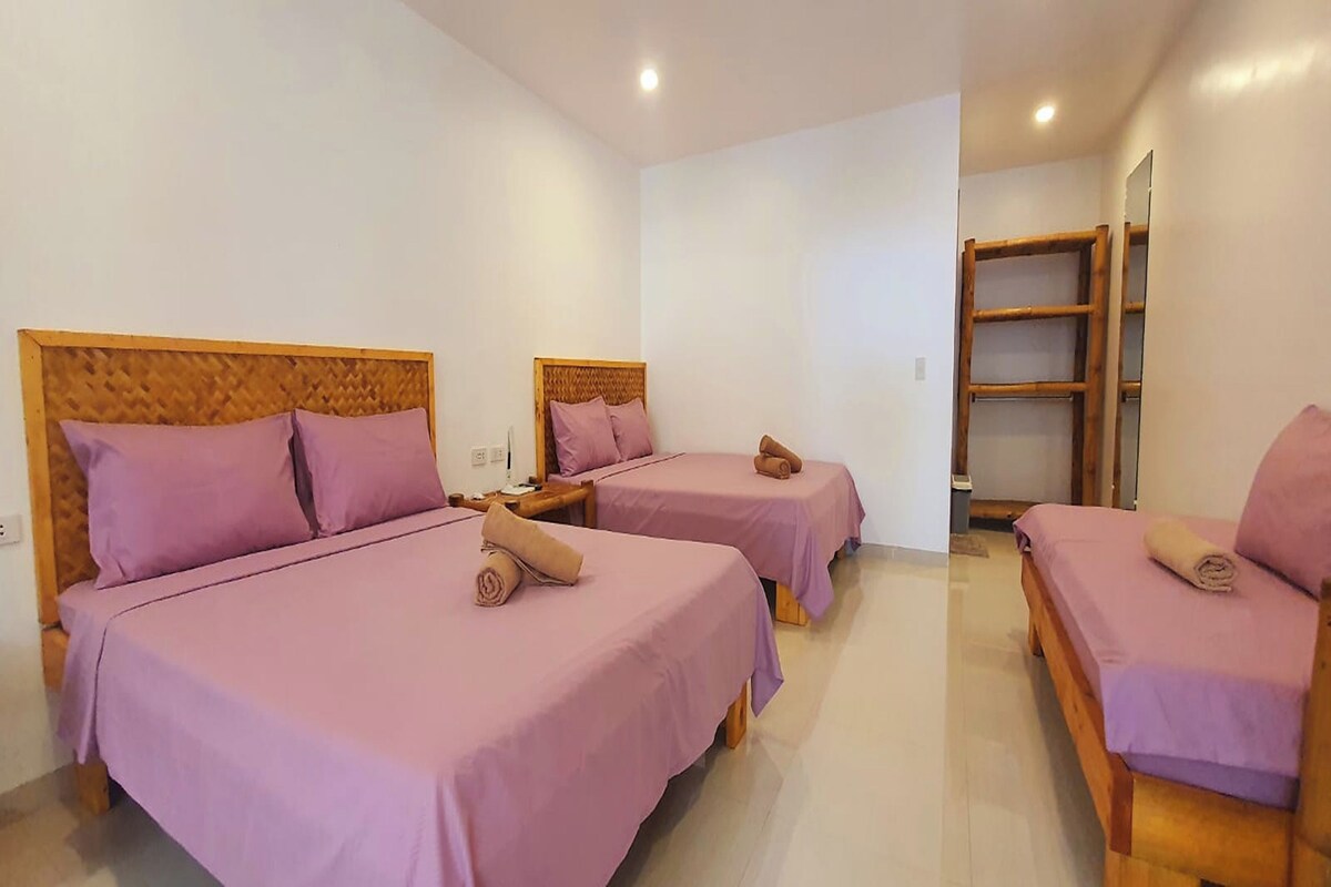 Een hotelkamer met twee bedden, elk met een houten hoofdbord en paars beddengoed.