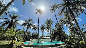 Piscina rodeada por palmeiras sob um céu claro.