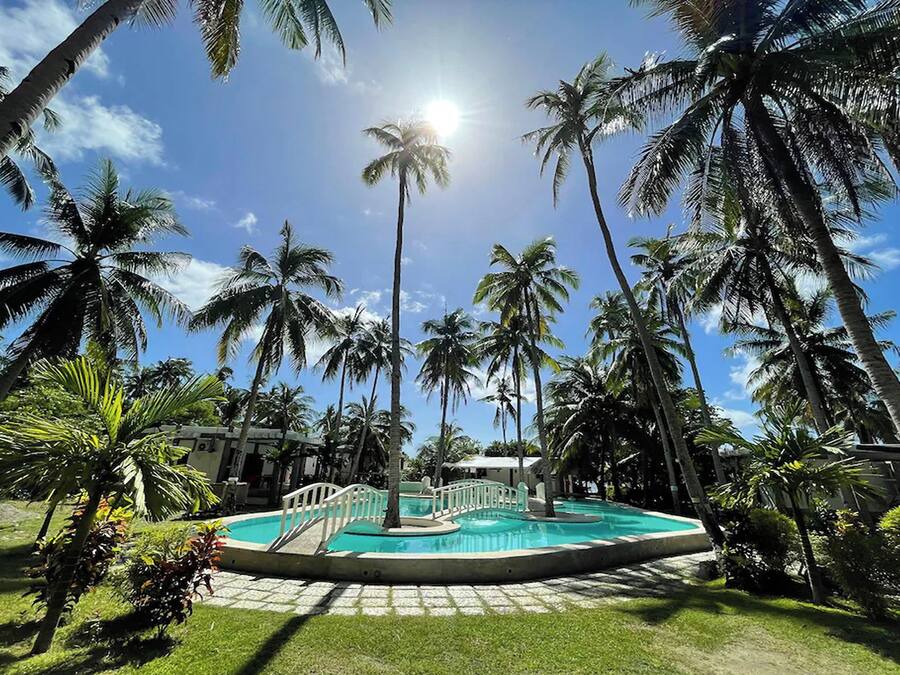 Una piscina rodeada de palmeras bajo un cielo despejado.