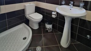 Une salle de bain comprenant des toilettes, un lavabo et une douche.