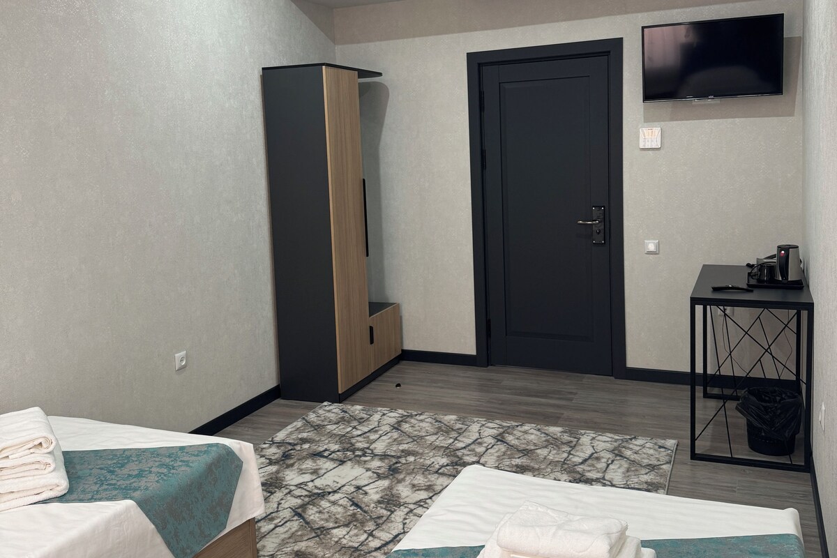 Een hotelkamer met twee bedden, een kledingkast, een televisie en een klein tafeltje met een prullenbak.