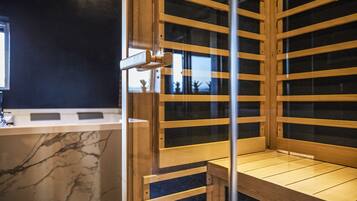 A sauna room with wooden benches and a glass door.