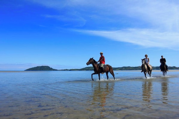 Three people riding horses on a beach with clear water and distant islands. - Ravintsara Wellness Hotel (Nosy Be)