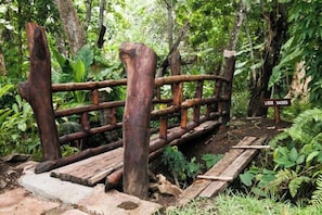 A rustic wooden bridge in a lush forest setting. - Ravintsara Wellness Hotel (Nosy Be)