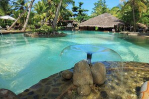 A clear pool with a glass dome, surrounded by palm trees and a thatched-roof hut. - Ravintsara Wellness Hotel (Nosy Be)