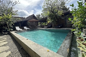 Una piscina con sillas de descanso, rodeada de plantas tropicales y estructuras de madera.