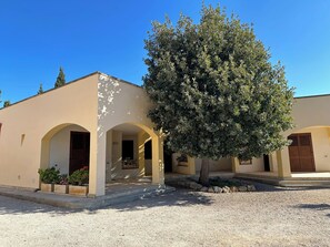 A building with a beige facade, multiple arches, and a large tree in the center. - Il Trappeto (Gallipoli)