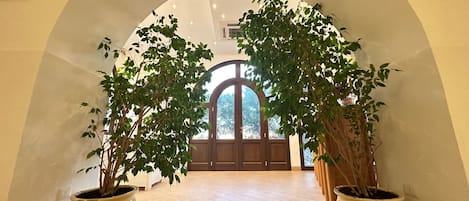 An arched entrance with potted plants on either side, leading to a door with a view of trees outside.