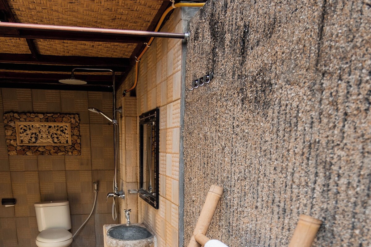 A rustic bathroom with a stone sink, a toilet, and a shower area.