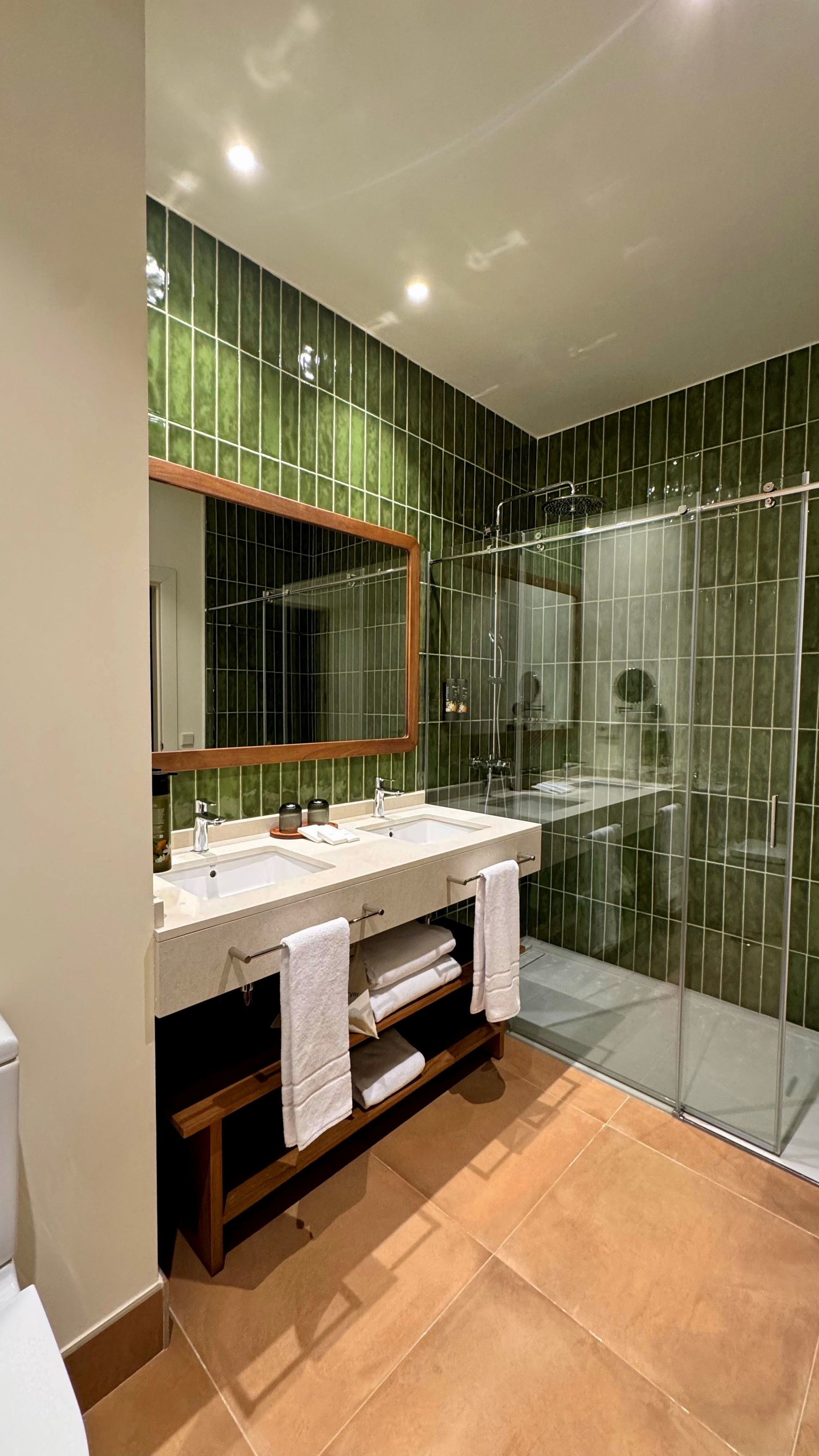 A modern bathroom with a glass shower enclosure, a double sink vanity, and a large mirror.