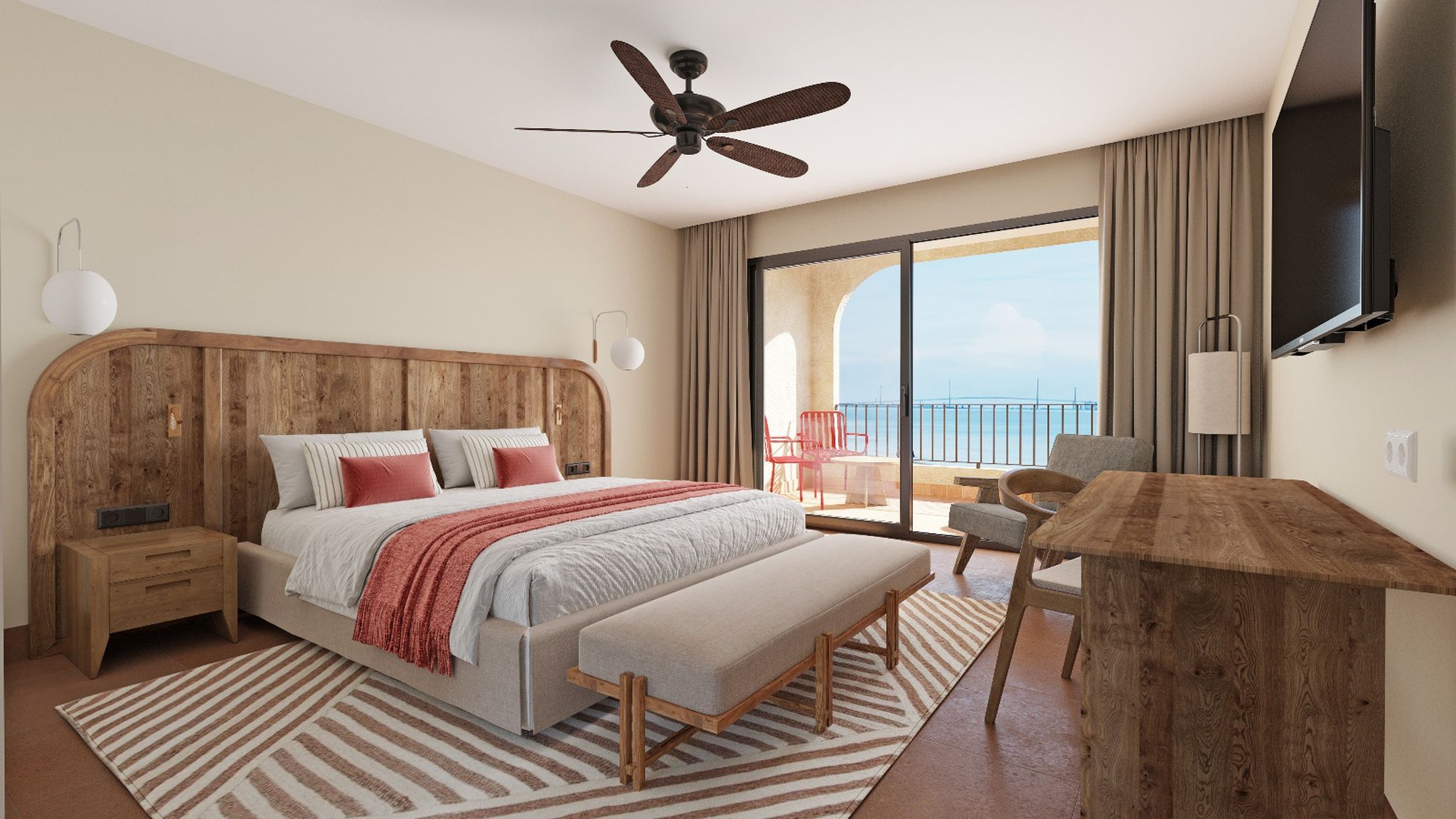 Habitación de hotel con cabecera de madera, una cama grande, un banco, una mesa de madera, un televisor y un balcón con vistas.